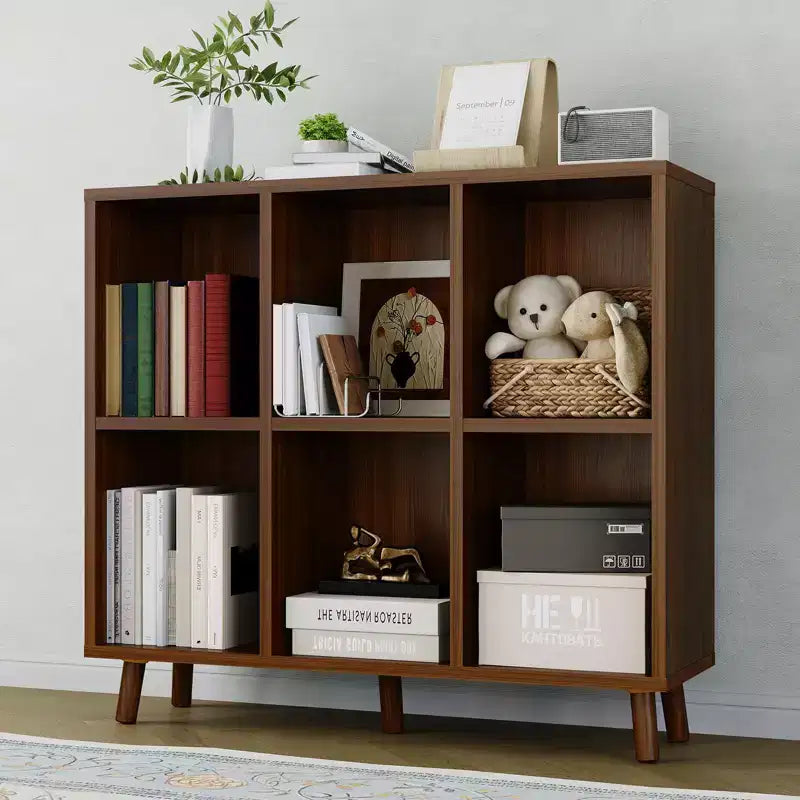 Étagère à 6 casiers – Meuble de rangement bas en bois à 2 niveaux, marron rétro, pour bureau/salon