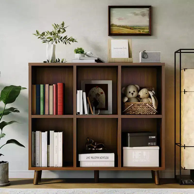 Étagère à 6 casiers – Meuble de rangement bas en bois à 2 niveaux, marron rétro, pour bureau/salon