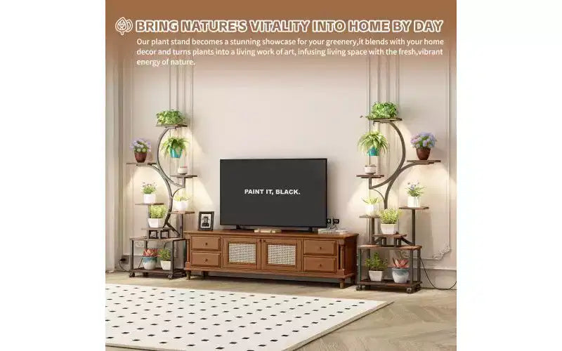 JVNOXK Support de Plante d'Angle de 157 cm de Haut avec Lumières, pour Plantes d'Intérieur, Étagère à Fleurs à 8 Niveaux, Étagère Décorative en Forme de S pour Salon, Noir