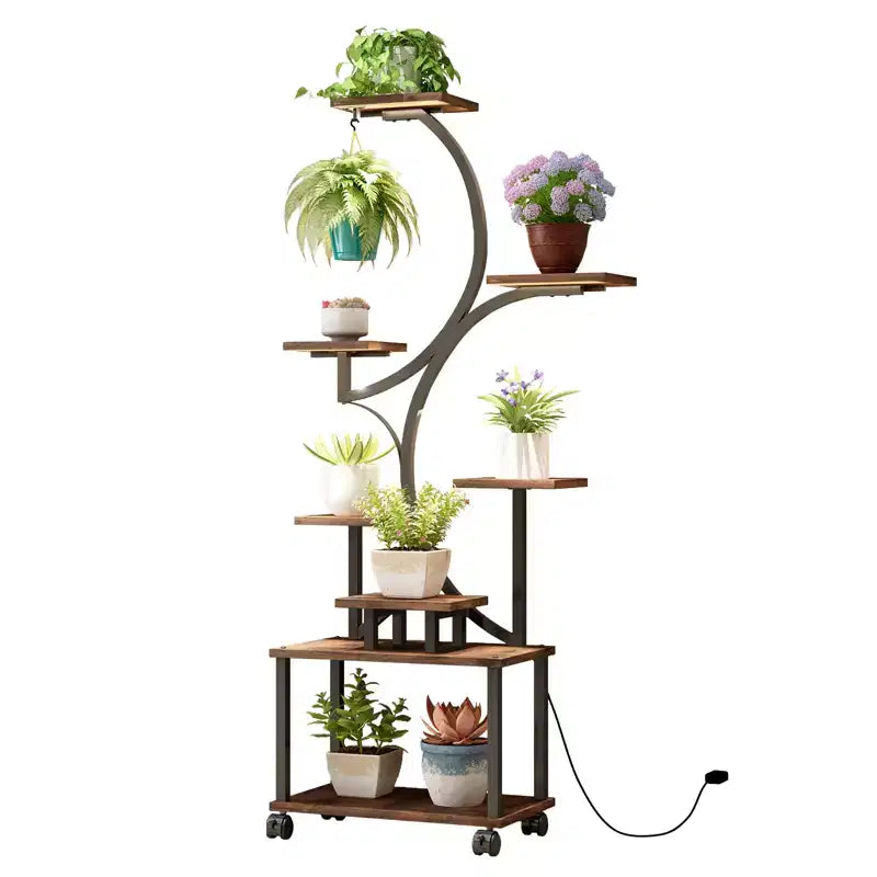 JVNOXK Support de Plante d'Angle de 157 cm de Haut avec Lumières, pour Plantes d'Intérieur, Étagère à Fleurs à 8 Niveaux, Étagère Décorative en Forme de S pour Salon, Noir