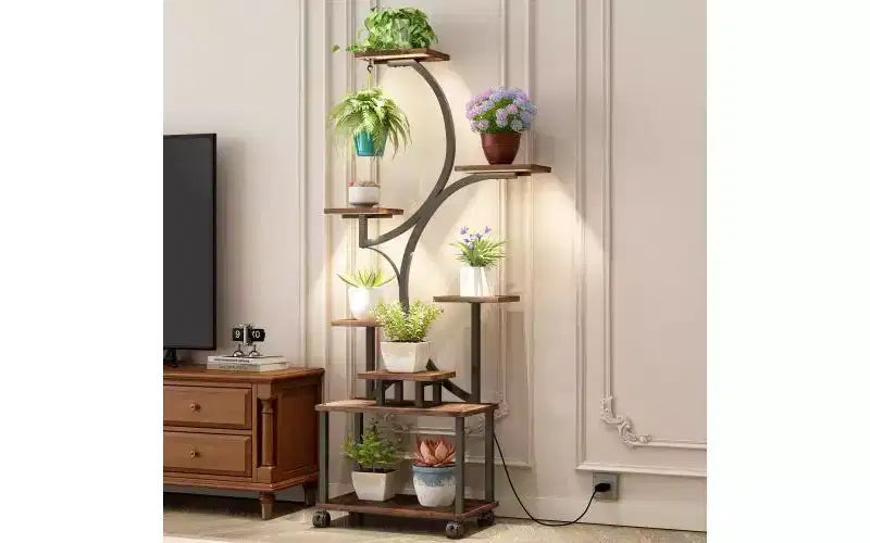 JVNOXK Support de Plante d'Angle de 157 cm de Haut avec Lumières, pour Plantes d'Intérieur, Étagère à Fleurs à 8 Niveaux, Étagère Décorative en Forme de S pour Salon, Noir