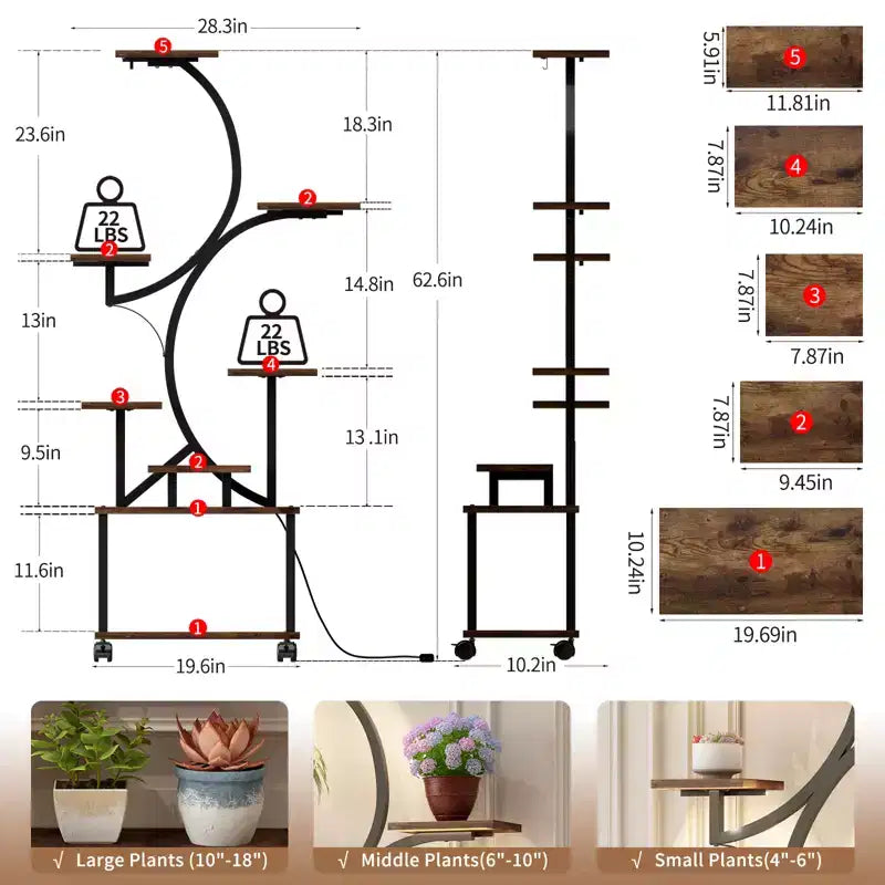 JVNOXK Support de Plante d'Angle de 157 cm de Haut avec Lumières, pour Plantes d'Intérieur, Étagère à Fleurs à 8 Niveaux, Étagère Décorative en Forme de S pour Salon, Noir