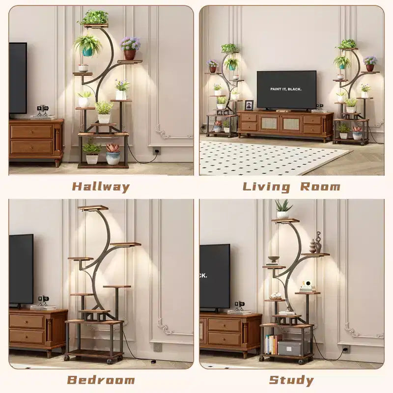 JVNOXK Support de Plante d'Angle de 157 cm de Haut avec Lumières, pour Plantes d'Intérieur, Étagère à Fleurs à 8 Niveaux, Étagère Décorative en Forme de S pour Salon, Noir