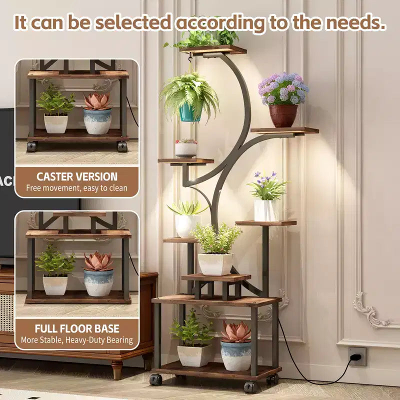 JVNOXK Support de Plante d'Angle de 157 cm de Haut avec Lumières, pour Plantes d'Intérieur, Étagère à Fleurs à 8 Niveaux, Étagère Décorative en Forme de S pour Salon, Noir