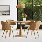 Round Dining Table Set for 4, Natural Wood-Tone Pedestal Table and Upholstered Dining Chairs with Rattan Backs, Ideal for Dining Room-Panipeachy