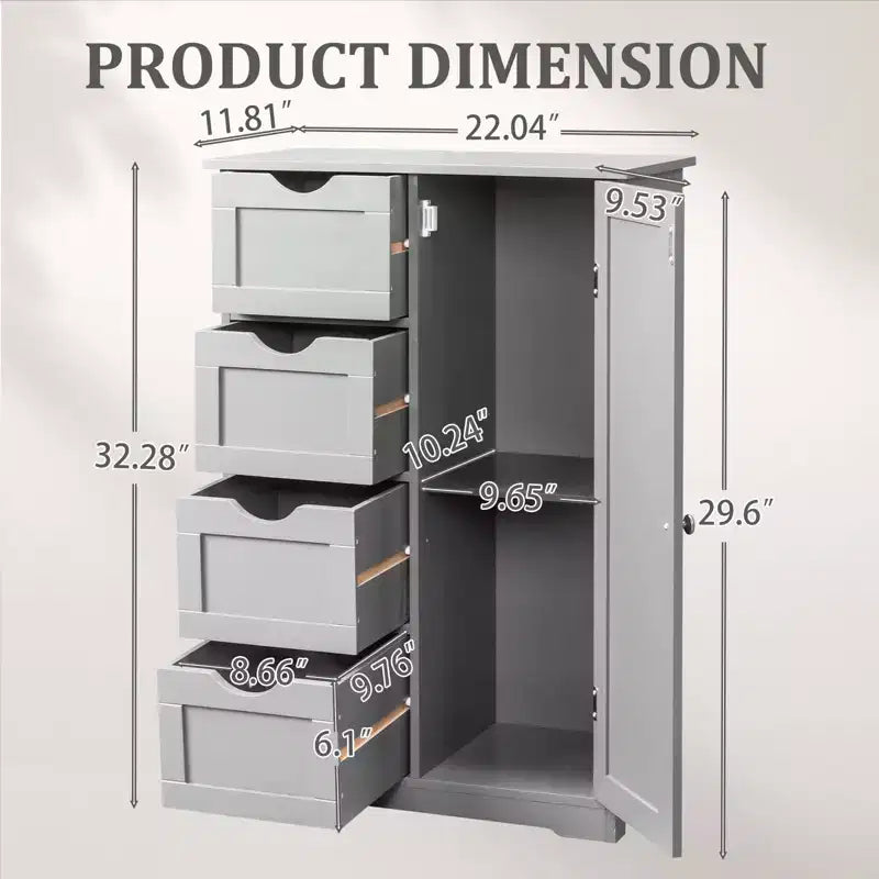 Meuble de rangement de salle de bain gris avec 4 tiroirs et 1 porte
