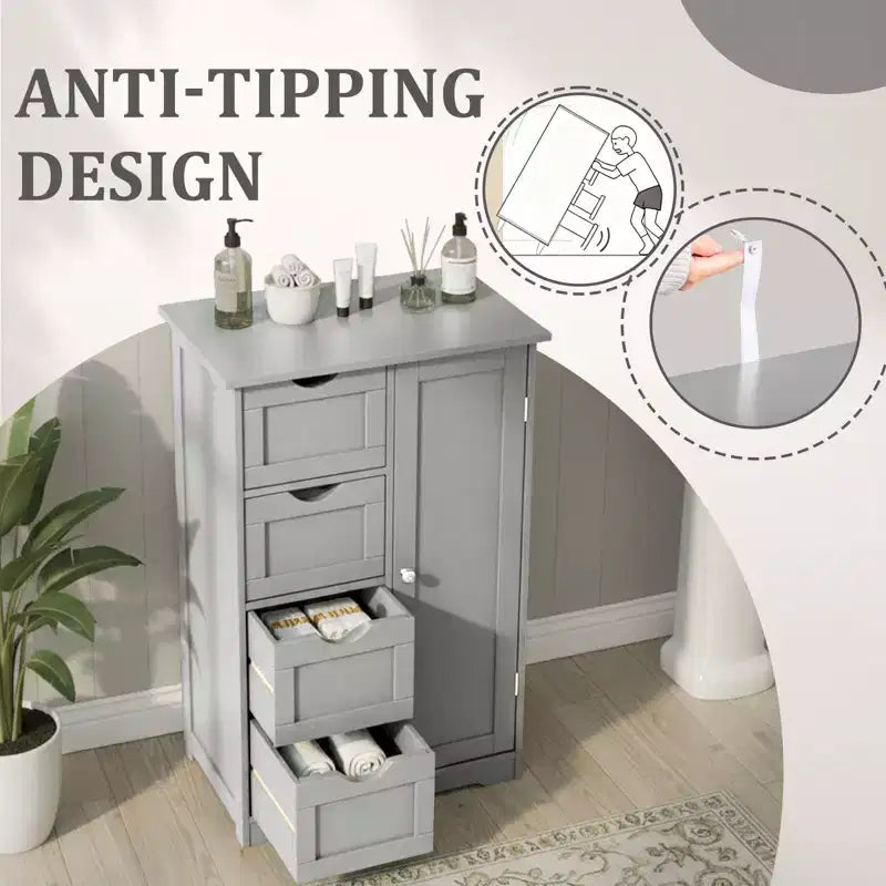 Meuble de rangement de salle de bain gris avec 4 tiroirs et 1 porte