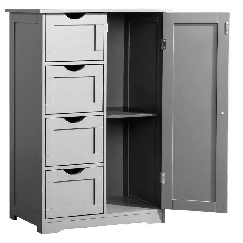 Meuble de rangement de salle de bain gris avec 4 tiroirs et 1 porte