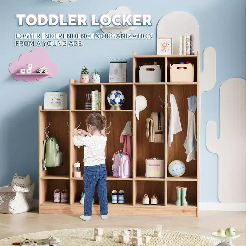 Porte-manteau pour enfant – 5 compartiments avec 9 casiers, 10 crochets et dispositif anti-basculement, meuble de rangement durable en bois pour entrée, chambre, salle de jeux