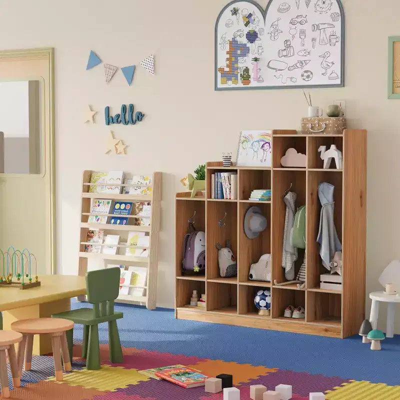 Porte-manteau pour enfant – 5 compartiments avec 9 casiers, 10 crochets et dispositif anti-basculement, meuble de rangement durable en bois pour entrée, chambre, salle de jeux