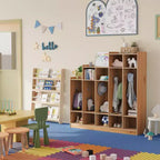 Porte-manteau pour enfant – 5 compartiments avec 9 casiers, 10 crochets et dispositif anti-basculement, meuble de rangement durable en bois pour entrée, chambre, salle de jeux