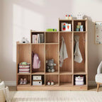 Porte-manteau pour enfant – 5 compartiments avec 9 casiers, 10 crochets et dispositif anti-basculement, meuble de rangement durable en bois pour entrée, chambre, salle de jeux