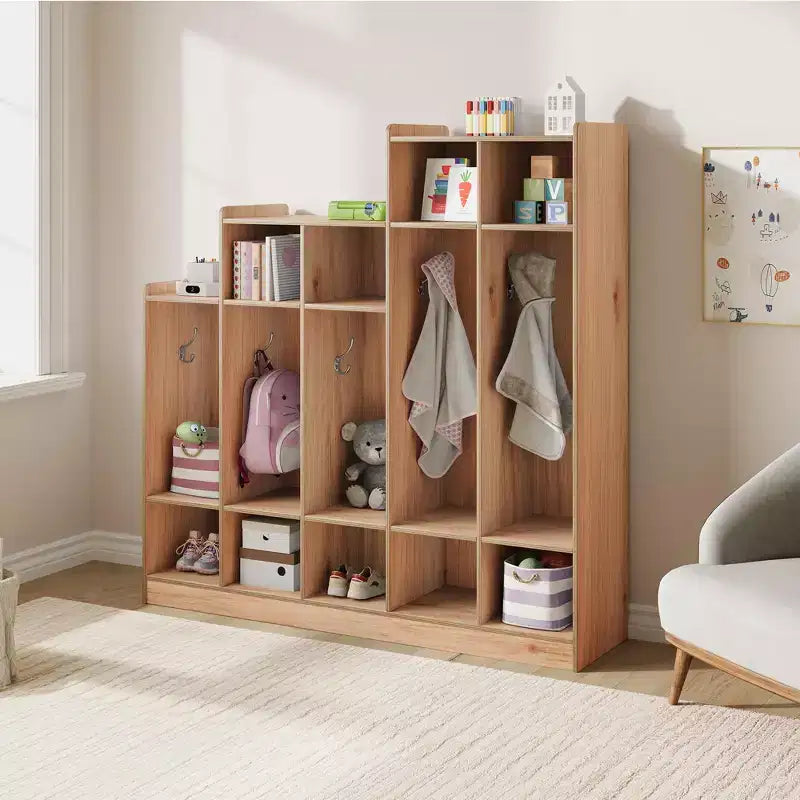 Porte-manteau pour enfant – 5 compartiments avec 9 casiers, 10 crochets et dispositif anti-basculement, meuble de rangement durable en bois pour entrée, chambre, salle de jeux