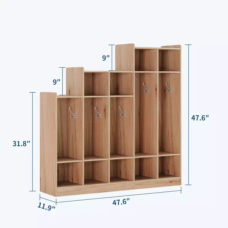 Porte-manteau pour enfant – 5 compartiments avec 9 casiers, 10 crochets et dispositif anti-basculement, meuble de rangement durable en bois pour entrée, chambre, salle de jeux
