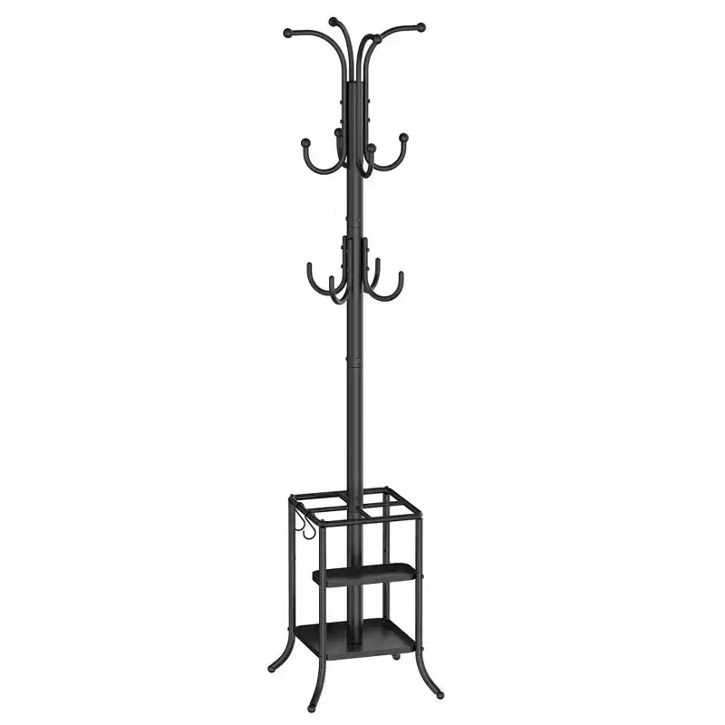 SONGMICS Coat Rack Freestanding with Umbrella Holder, Metal Coat Rack Stand with 12 Hooks, for Entryway, Hallway, Living Room, Bedroom, Ink Black