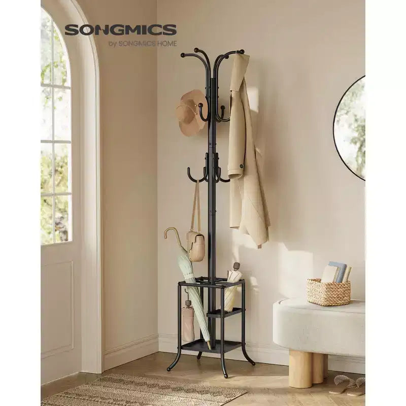 SONGMICS Portemanteau sur pied avec porte-parapluie, Portemanteau en métal avec 12 crochets, pour entrée, couloir, salon, chambre, noir encre