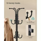 SONGMICS Portemanteau sur pied avec porte-parapluie, Portemanteau en métal avec 12 crochets, pour entrée, couloir, salon, chambre, noir encre