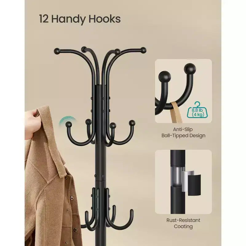 SONGMICS Portemanteau sur pied avec porte-parapluie, Portemanteau en métal avec 12 crochets, pour entrée, couloir, salon, chambre, noir encre