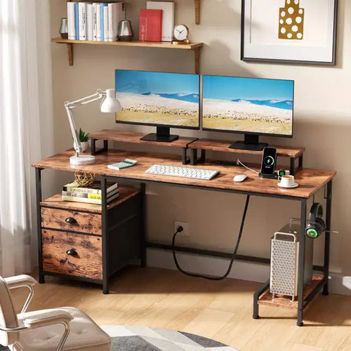 55 Inch Rustic Brown Computer Desk with Charging Station File Cabinet Home Office Gaming Desk 2 Monitor Stands Storage Drawer Shelf Writing Table