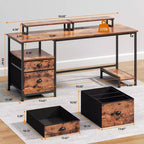 Bureau d'ordinateur brun rustique de 55 pouces avec station de charge, classeur, bureau de jeu pour bureau à domicile, 2 supports de moniteur, tiroir de rangement, étagère, table d'écriture