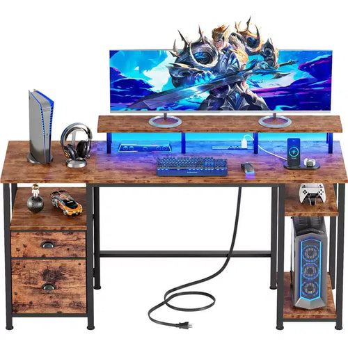 61 Inch Rustic Brown Computer Desk with Charging Station Reversible Gaming Desk LED Lights File Cabinet Monitor Stand Storage Shelves Home Office