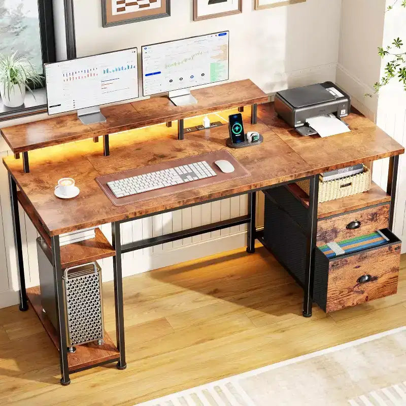 Bureau d'ordinateur rustique marron de 61 pouces avec station de charge, bureau de jeu réversible, lumières LED, classeur, support de moniteur, étagères de rangement, bureau à domicile