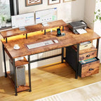 Bureau d'ordinateur rustique marron de 61 pouces avec station de charge, bureau de jeu réversible, lumières LED, classeur, support de moniteur, étagères de rangement, bureau à domicile