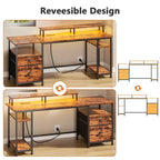 Bureau d'ordinateur rustique marron de 61 pouces avec station de charge, bureau de jeu réversible, lumières LED, classeur, support de moniteur, étagères de rangement, bureau à domicile