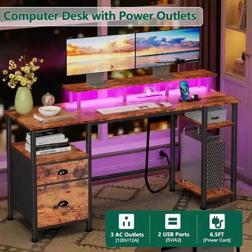 Bureau d'ordinateur rustique marron de 61 pouces avec station de charge, bureau de jeu réversible, lumières LED, classeur, support de moniteur, étagères de rangement, bureau à domicile