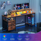 Bureau d'ordinateur rustique marron de 61 pouces avec station de charge, bureau de jeu réversible, lumières LED, classeur, support de moniteur, étagères de rangement, bureau à domicile