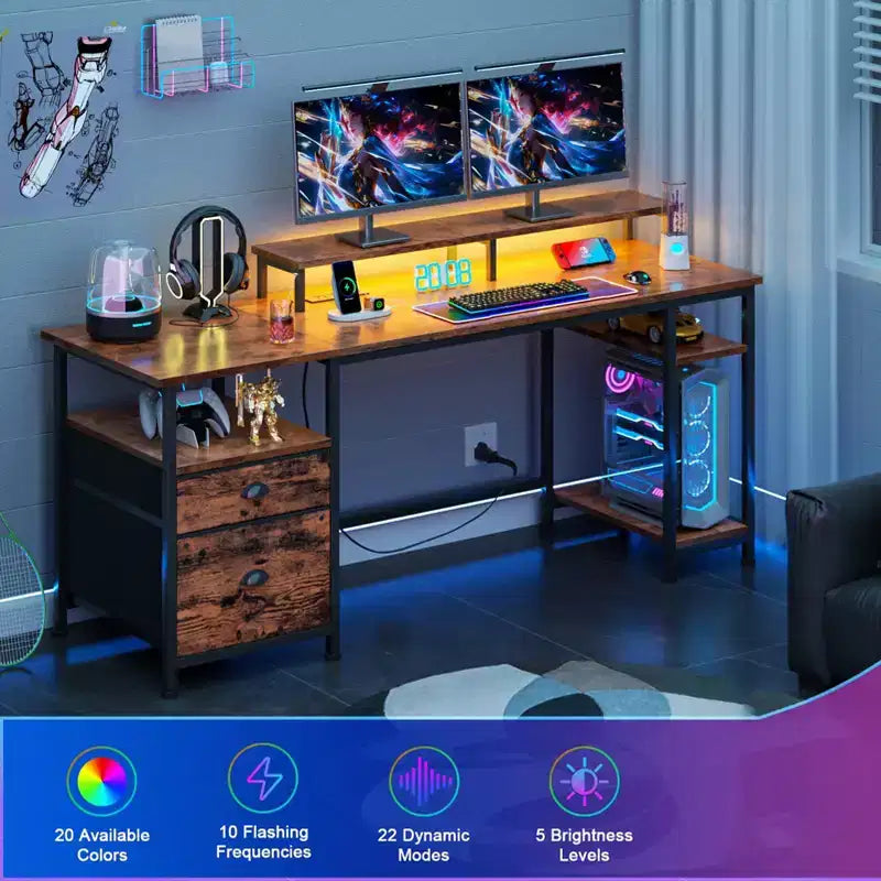 Bureau d'ordinateur rustique marron de 61 pouces avec station de charge, bureau de jeu réversible, lumières LED, classeur, support de moniteur, étagères de rangement, bureau à domicile