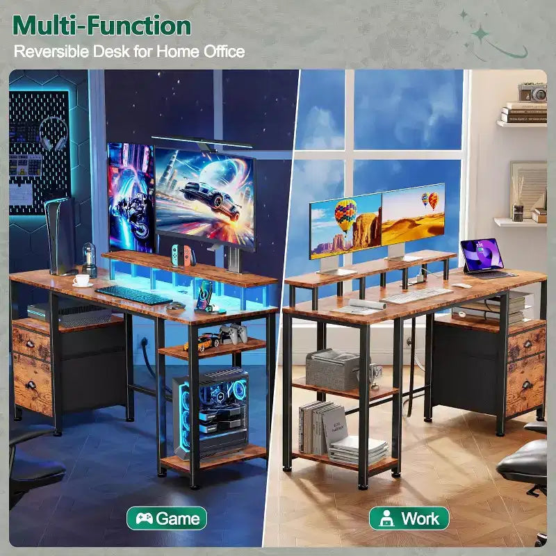 Bureau d'ordinateur rustique marron de 61 pouces avec station de charge, bureau de jeu réversible, lumières LED, classeur, support de moniteur, étagères de rangement, bureau à domicile