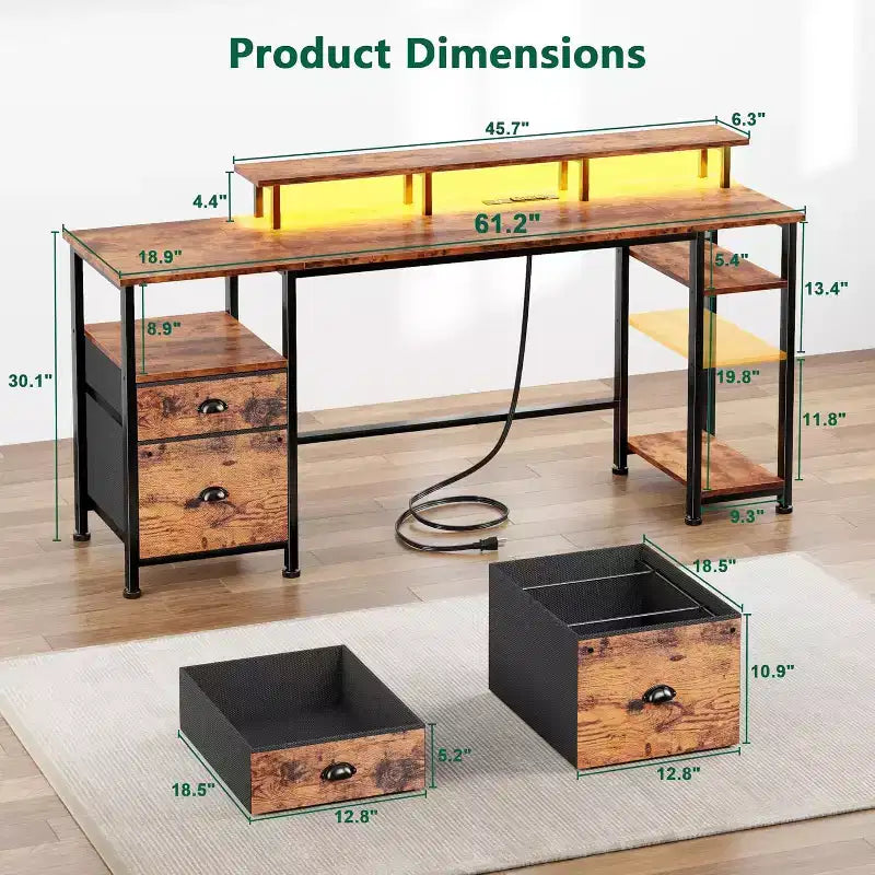 Bureau d'ordinateur rustique marron de 61 pouces avec station de charge, bureau de jeu réversible, lumières LED, classeur, support de moniteur, étagères de rangement, bureau à domicile