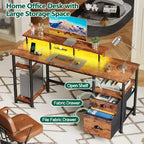 Bureau d'ordinateur rustique marron de 61 pouces avec station de charge, bureau de jeu réversible, lumières LED, classeur, support de moniteur, étagères de rangement, bureau à domicile