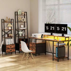 Bureau d'ordinateur rustique marron de 61 pouces avec station de charge, bureau de jeu réversible, lumières LED, classeur, support de moniteur, étagères de rangement, bureau à domicile
