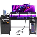 61 Inch Black Computer Desk with Charging Station Reversible Gaming Desk LED Lights File Cabinet Monitor Stand Storage Shelves Home Office
