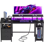 61 Inch Black Computer Desk with Charging Station Reversible Gaming Desk LED Lights File Cabinet Monitor Stand Storage Shelves Home Office