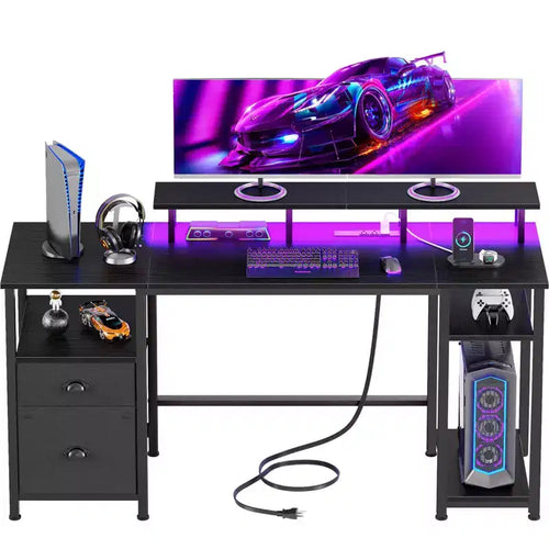 61 Inch Black Computer Desk with Charging Station Reversible Gaming Desk LED Lights File Cabinet Monitor Stand Storage Shelves Home Office