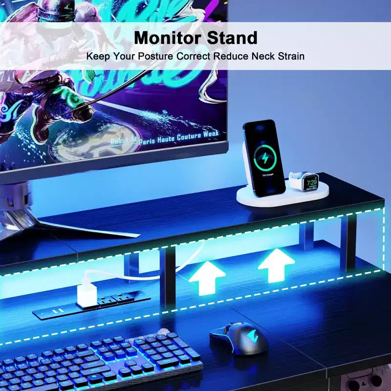 Bureau d'ordinateur noir de 61 pouces avec station de recharge, bureau de jeu réversible, lumières LED, armoire de classement, support d'écran, étagères de rangement, bureau à domicile