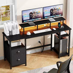 Bureau d'ordinateur noir de 61 pouces avec station de recharge, bureau de jeu réversible, lumières LED, armoire de classement, support d'écran, étagères de rangement, bureau à domicile
