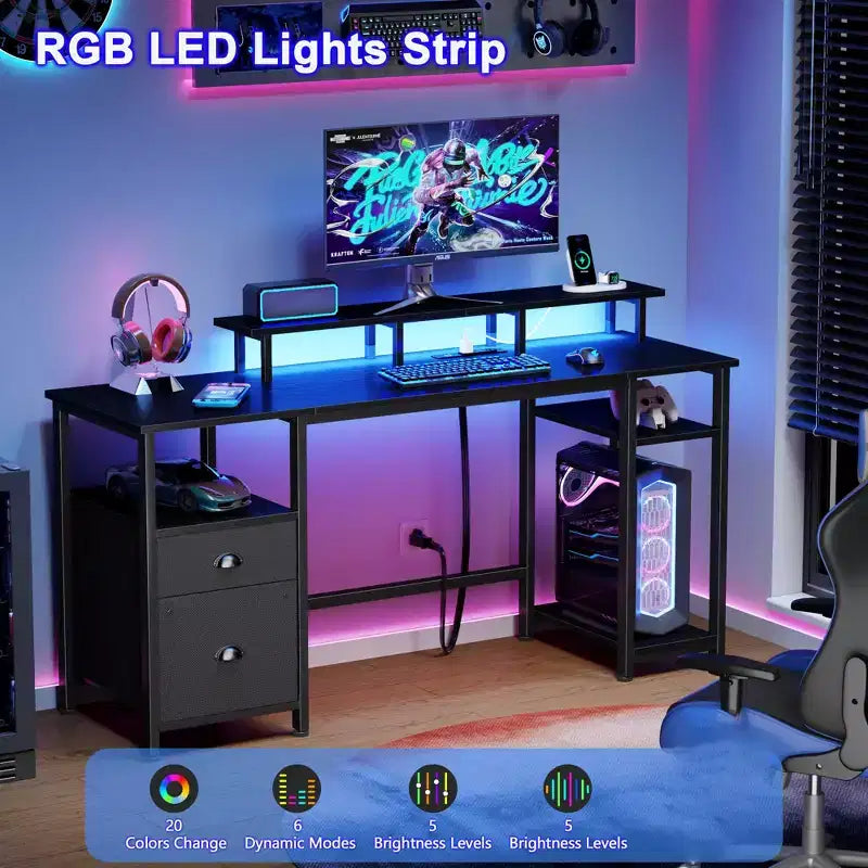 Bureau d'ordinateur noir de 61 pouces avec station de recharge, bureau de jeu réversible, lumières LED, armoire de classement, support d'écran, étagères de rangement, bureau à domicile