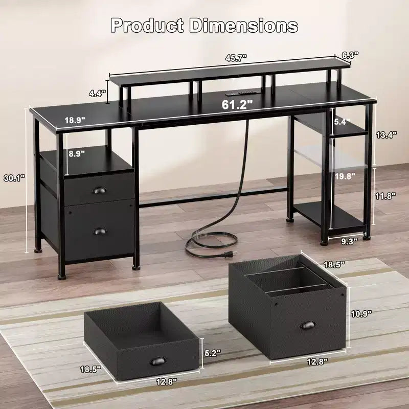 Bureau d'ordinateur noir de 61 pouces avec station de recharge, bureau de jeu réversible, lumières LED, armoire de classement, support d'écran, étagères de rangement, bureau à domicile