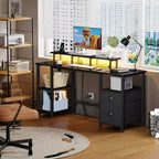Bureau d'ordinateur noir de 61 pouces avec station de recharge, bureau de jeu réversible, lumières LED, armoire de classement, support d'écran, étagères de rangement, bureau à domicile