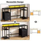 Bureau d'ordinateur noir de 61 pouces avec station de recharge, bureau de jeu réversible, lumières LED, armoire de classement, support d'écran, étagères de rangement, bureau à domicile