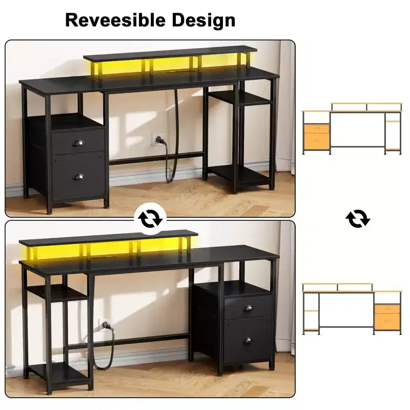 Bureau d'ordinateur noir de 61 pouces avec station de recharge, bureau de jeu réversible, lumières LED, armoire de classement, support d'écran, étagères de rangement, bureau à domicile