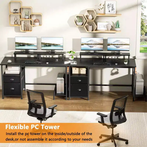 Bureau d'ordinateur noir de 47 pouces avec station de charge, classeur, bureau de jeu pour la maison, 2 supports de moniteur, tiroir de rangement, étagères, table d'écriture pour chambre à coucher