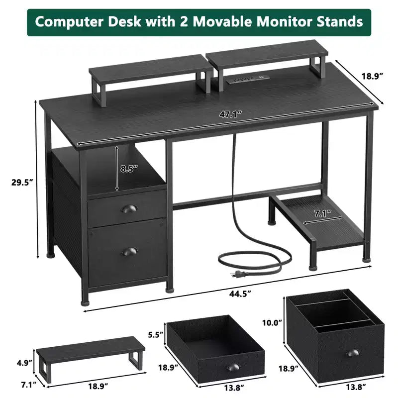 Bureau d'ordinateur noir de 47 pouces avec station de charge, classeur, bureau de jeu pour la maison, 2 supports de moniteur, tiroir de rangement, étagères, table d'écriture pour chambre à coucher