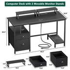 Bureau d'ordinateur noir de 47 pouces avec station de charge, classeur, bureau de jeu pour la maison, 2 supports de moniteur, tiroir de rangement, étagères, table d'écriture pour chambre à coucher