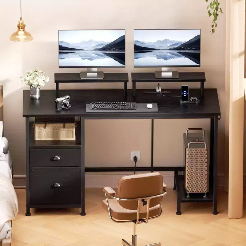 Bureau d'ordinateur noir de 47 pouces avec station de charge, classeur, bureau de jeu pour la maison, 2 supports de moniteur, tiroir de rangement, étagères, table d'écriture pour chambre à coucher
