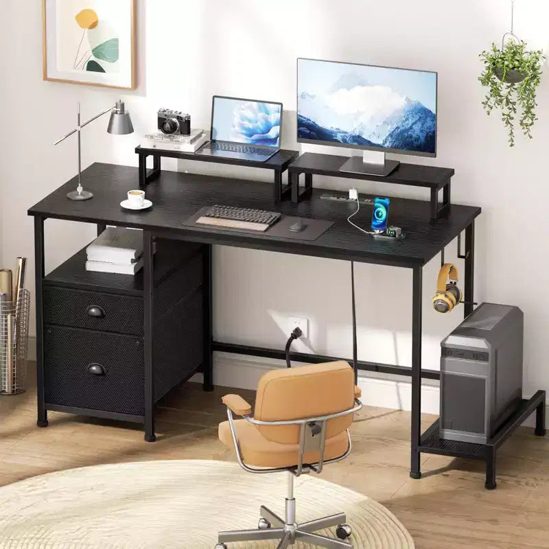 Bureau d'ordinateur noir de 47 pouces avec station de charge, classeur, bureau de jeu pour la maison, 2 supports de moniteur, tiroir de rangement, étagères, table d'écriture pour chambre à coucher